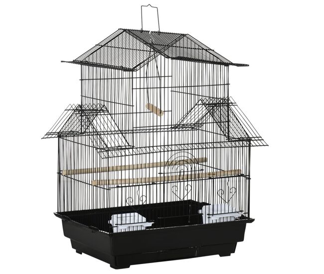 Pawhut jaula para pájaros de acero pajarera con comederos perchas columpio y bandeja extraíble jaula grande para loros canario periquito 50,5x41x63 cm negro