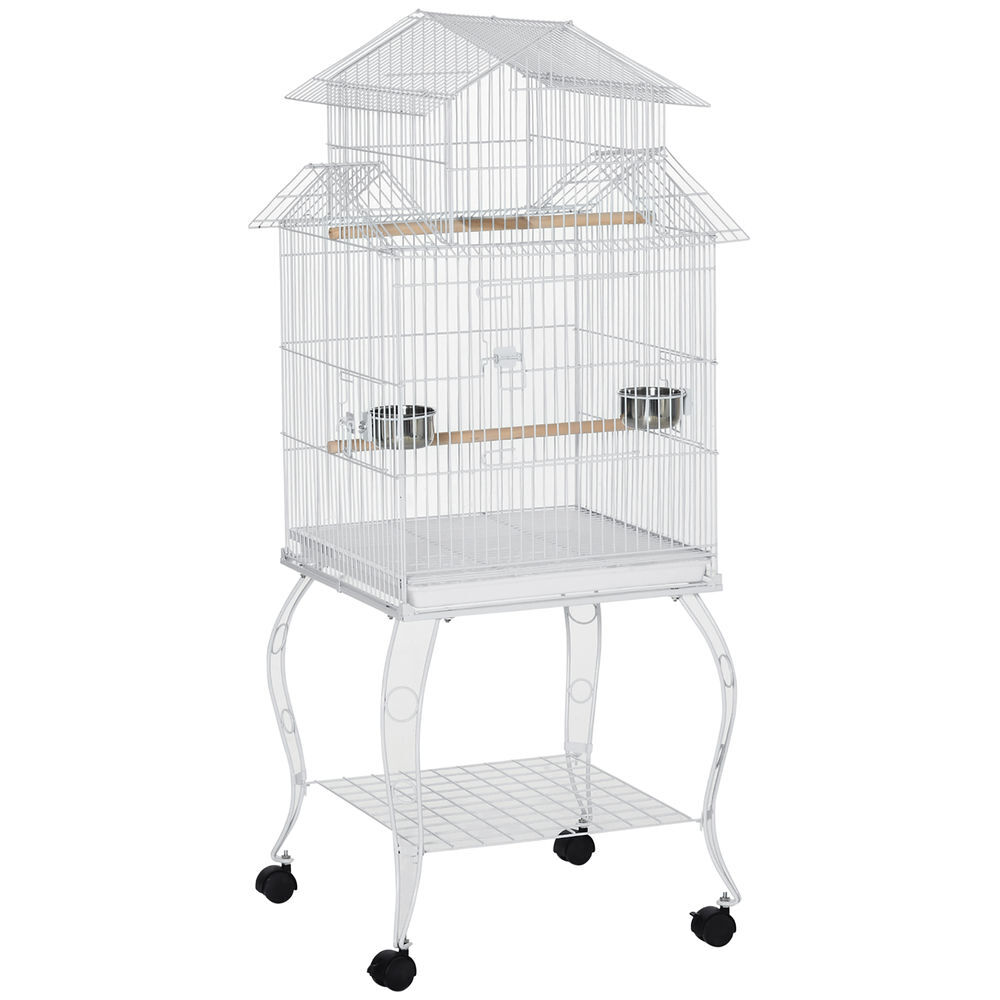 Pawhut jaula para pájaros con ruedas jaula grande con soporte pajarera con bandeja extraíble puertas comederos perchas y estante inferior para cacatúa ninfa cotorra del sol 50x49x137 cm blanco