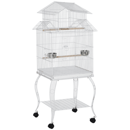 PawHut Gaiola para Pássaros com Rodas Gaiola Grande com Suporte 50x49x137cm com Bandeja Amovível Portas Comedouro Poleiro e Prateleira Inferior Branco