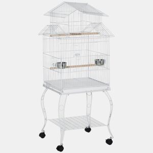 PawHut Gaiola para Pássaros com Rodas Gaiola Grande com Suporte 50x49x137cm com Bandeja Amovível Portas Comedouro Poleiro e Prateleira Inferior Branco