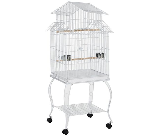 Pawhut jaula para pájaros con ruedas jaula grande con soporte pajarera con bandeja extraíble puertas comederos perchas y estante inferior para cacatúa ninfa cotorra del sol 50x49x137 cm blanco