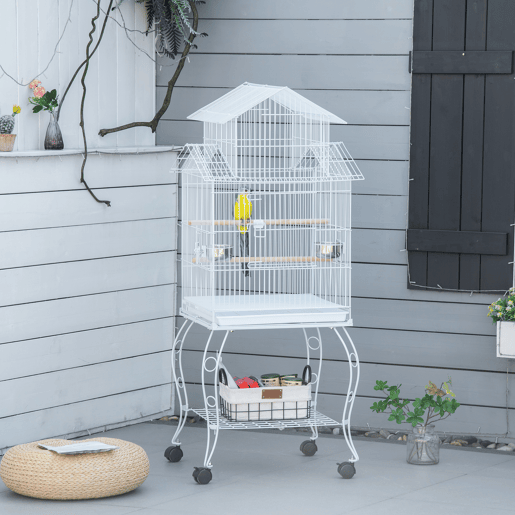PawHut Gaiola para Pássaros com Rodas Gaiola Grande com Suporte 50x49x137cm com Bandeja Amovível Portas Comedouro Poleiro e Prateleira Inferior Branco