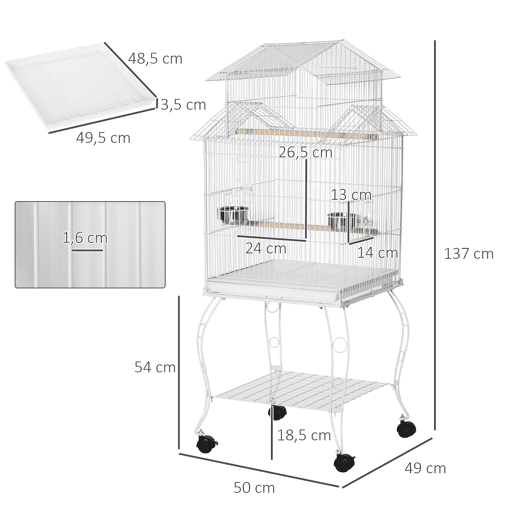 PawHut Gaiola para Pássaros com Rodas Gaiola Grande com Suporte 50x49x137cm com Bandeja Amovível Portas Comedouro Poleiro e Prateleira Inferior Branco