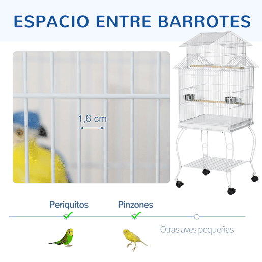 PawHut Gaiola para Pássaros com Rodas Gaiola Grande com Suporte 50x49x137cm com Bandeja Amovível Portas Comedouro Poleiro e Prateleira Inferior Branco