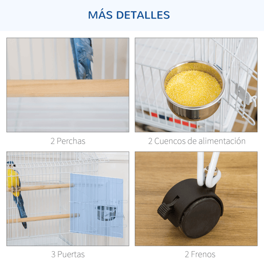PawHut Gaiola para Pássaros com Rodas Gaiola Grande com Suporte 50x49x137cm com Bandeja Amovível Portas Comedouro Poleiro e Prateleira Inferior Branco