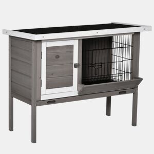 PawHut Coelheira de Madeira Exterior Gaiola Elevada para Coelhos Cobaias Animais Pequenos com Teto Asfáltico Abatível Comedouro Bandejas Removíveis e 2 Portas 91x46x71cm Cinza
