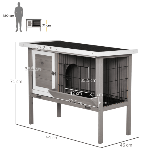 PawHut Coelheira de Madeira Exterior Gaiola Elevada para Coelhos Cobaias Animais Pequenos com Teto Asfáltico Abatível Comedouro Bandejas Removíveis e 2 Portas 91x46x71cm Cinza