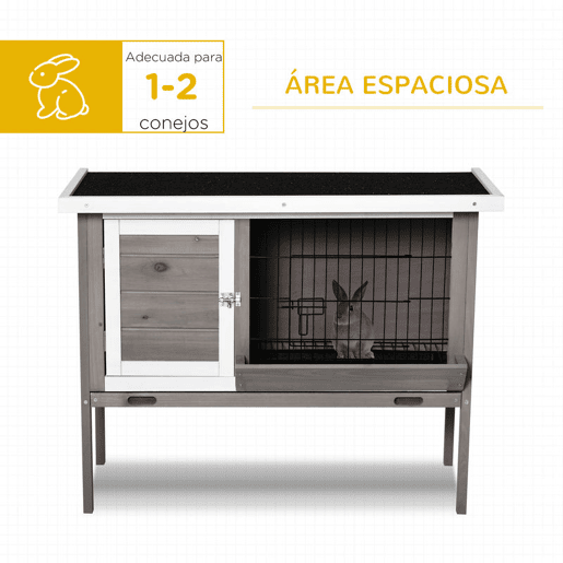 PawHut Coelheira de Madeira Exterior Gaiola Elevada para Coelhos Cobaias Animais Pequenos com Teto Asfáltico Abatível Comedouro Bandejas Removíveis e 2 Portas 91x46x71cm Cinza