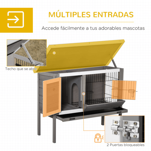 PawHut Coelheira de Madeira Exterior Gaiola Elevada para Coelhos Cobaias Animais Pequenos com Teto Asfáltico Abatível Comedouro Bandejas Removíveis e 2 Portas 91x46x71cm Cinza