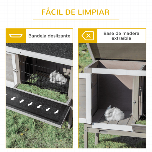 PawHut Coelheira de Madeira Exterior Gaiola Elevada para Coelhos Cobaias Animais Pequenos com Teto Asfáltico Abatível Comedouro Bandejas Removíveis e 2 Portas 91x46x71cm Cinza