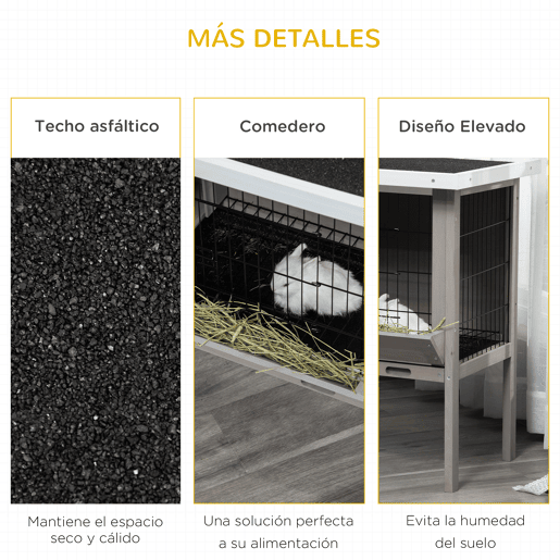 PawHut Coelheira de Madeira Exterior Gaiola Elevada para Coelhos Cobaias Animais Pequenos com Teto Asfáltico Abatível Comedouro Bandejas Removíveis e 2 Portas 91x46x71cm Cinza