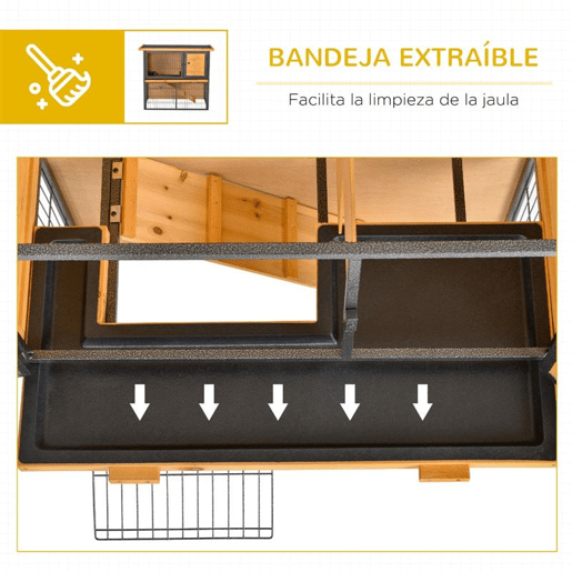 PawHut Coelheira de Exterior de Madeira para Animais Pequenos 2 Níveis com Rampa Bandeja Removível Portas com Fechaduras 89,5x45x81 cm Madeira e Cinza