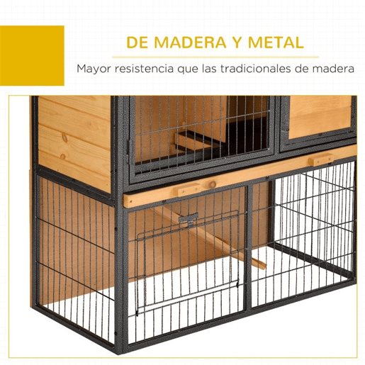 PawHut Coelheira de Exterior de Madeira para Animais Pequenos 2 Níveis com Rampa Bandeja Removível Portas com Fechaduras 89,5x45x81 cm Madeira e Cinza