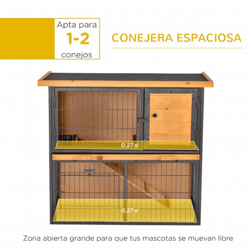 PawHut Coelheira de Exterior de Madeira para Animais Pequenos 2 Níveis com Rampa Bandeja Removível Portas com Fechaduras 89,5x45x81 cm Madeira e Cinza