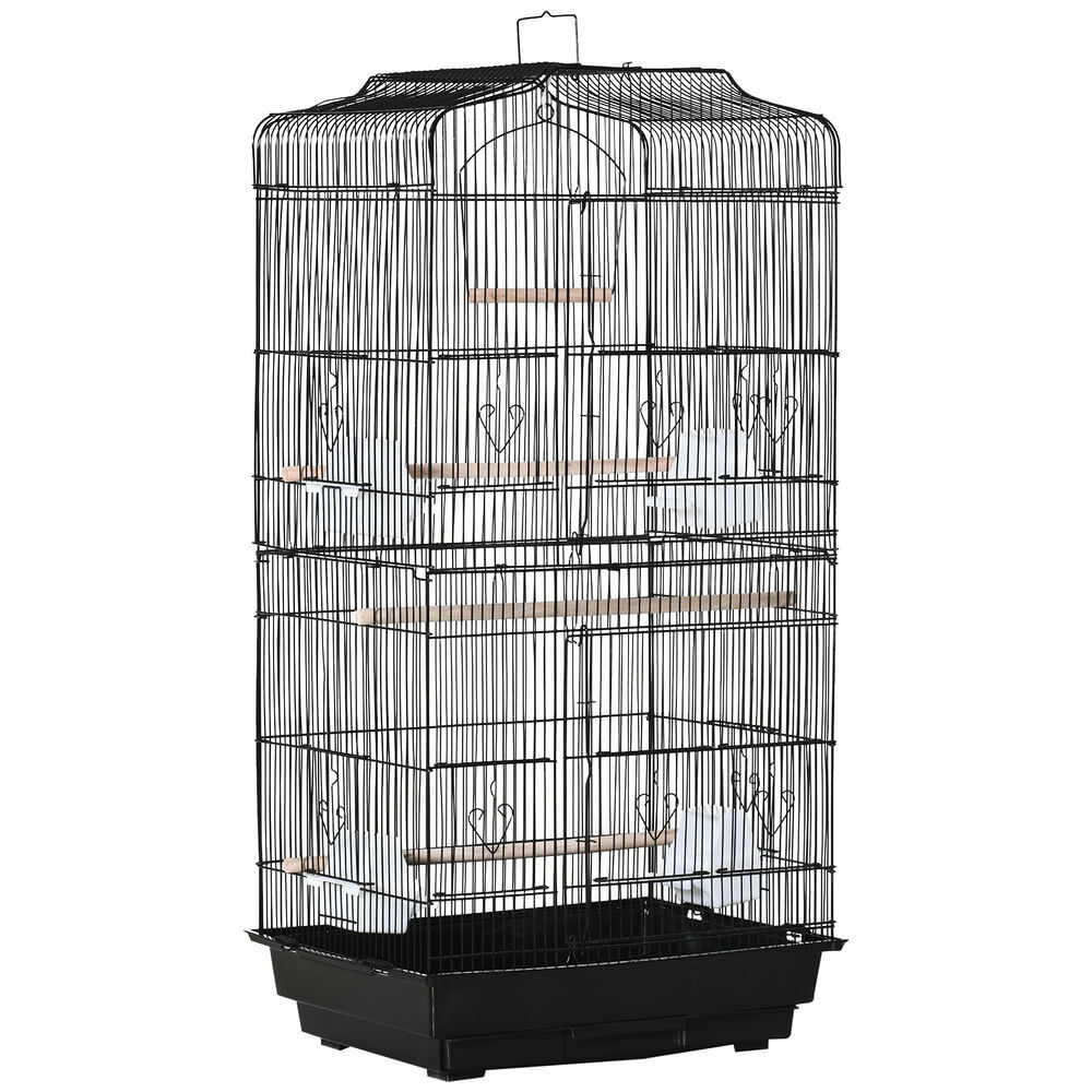 Pawhut jaula para pájaros, jaula de metal para pájaros con puertas, 4 comederos, 3 perchas, columpio, bandeja extraíble y asa de transporte, para loro, canario, periquito, 46,5x35,5x92 cm, negro