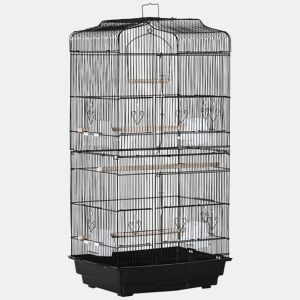 PawHut Gaiola para Passáros Gaiola de Metal com Portas 4 Comedouros 3 Poleiros Baloiço Bandeja Removível e Alça de Transporte para Papagaio Canário Periquito 46,5x35,5x92cm Preto
