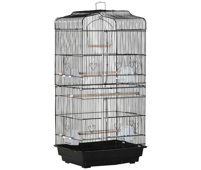Pawhut jaula para pájaros, jaula de metal para pájaros con puertas, 4 comederos, 3 perchas, columpio, bandeja extraíble y asa de transporte, para loro, canario, periquito, 46,5x35,5x92 cm, negro