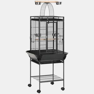 PawHut Gaiola para Pássaros com Suporte e Rodas 62,5x62,5x156cm Gaiola Metálica para Aves com Ponte de Arco 2 Poleiros 4 Comedouros 2 Bandejas Removíveis e Prateleira Inferior Cinza