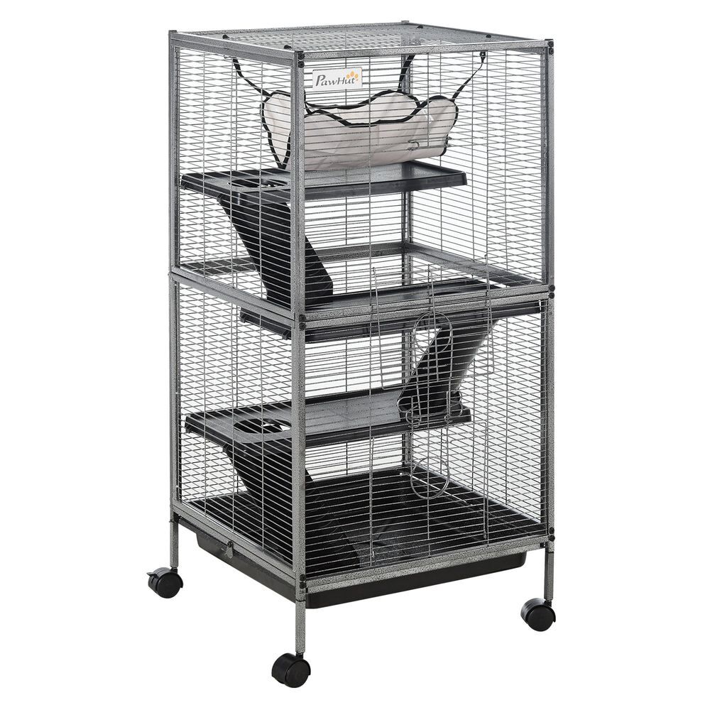 Pawhut jaula para animales pequeños de 4 niveles 52x52x113,5 cm parque para mascotas con ruedas 2 puertas 3 rampas hamaca colgante y bandeja extraíble para cobayas gris plateado
