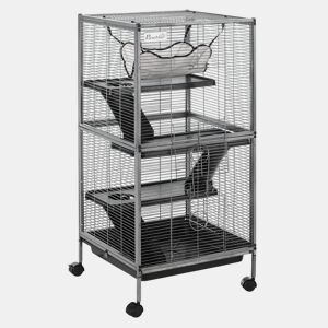 PawHut Gaiola para Animais Pequenos de 4 Níveis 52x52x113,5 cm Parque para Animais com Rodas 2 Portas 3 Rampas Rede Suspensa e Tabuleiro Removível para Porquinhos-da-Índia Cinzento Prateado