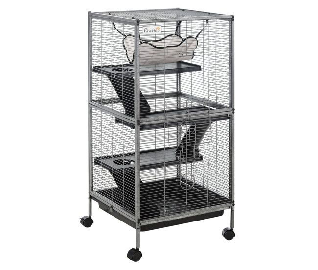Pawhut jaula para animales pequeños de 4 niveles 52x52x113,5 cm parque para mascotas con ruedas 2 puertas 3 rampas hamaca colgante y bandeja extraíble para cobayas gris plateado
