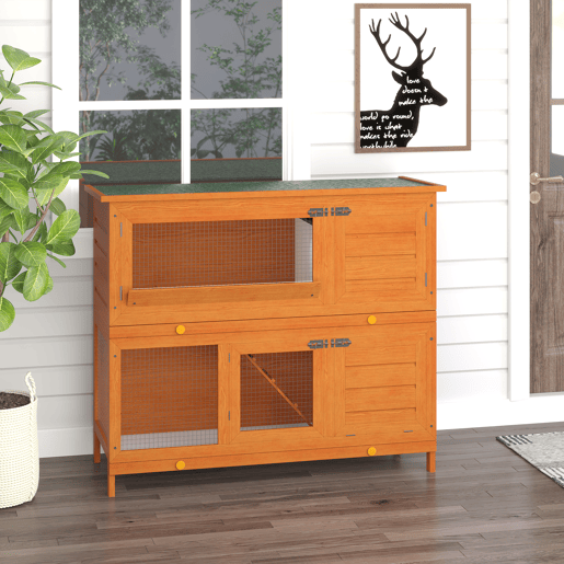 PawHut Coelheira de Madeira Exterior de 2 Níveis Gaiola para Coelhos com Teto Asfáltico Dobrável Rampa Portas e 2 Bandejas Removíveis 120x48x100cm Madeira