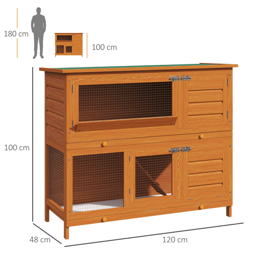 PawHut Coelheira de Madeira Exterior de 2 Níveis Gaiola para Coelhos com Teto Asfáltico Dobrável Rampa Portas e 2 Bandejas Removíveis 120x48x100cm Madeira