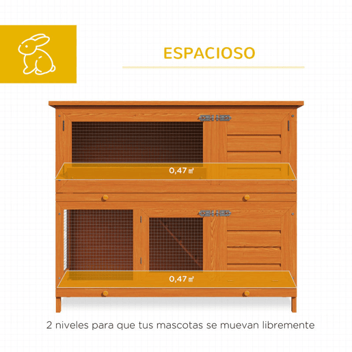 PawHut Coelheira de Madeira Exterior de 2 Níveis Gaiola para Coelhos com Teto Asfáltico Dobrável Rampa Portas e 2 Bandejas Removíveis 120x48x100cm Madeira