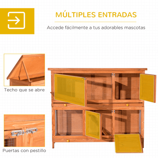 PawHut Coelheira de Madeira Exterior de 2 Níveis Gaiola para Coelhos com Teto Asfáltico Dobrável Rampa Portas e 2 Bandejas Removíveis 120x48x100cm Madeira