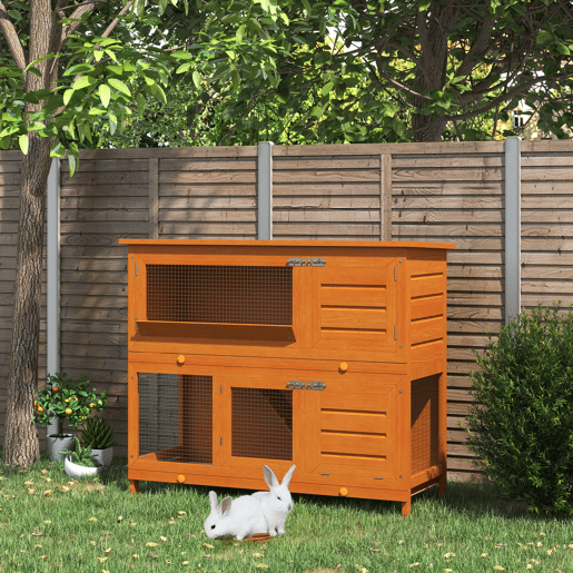 PawHut Coelheira de Madeira Exterior de 2 Níveis Gaiola para Coelhos com Teto Asfáltico Dobrável Rampa Portas e 2 Bandejas Removíveis 120x48x100cm Madeira