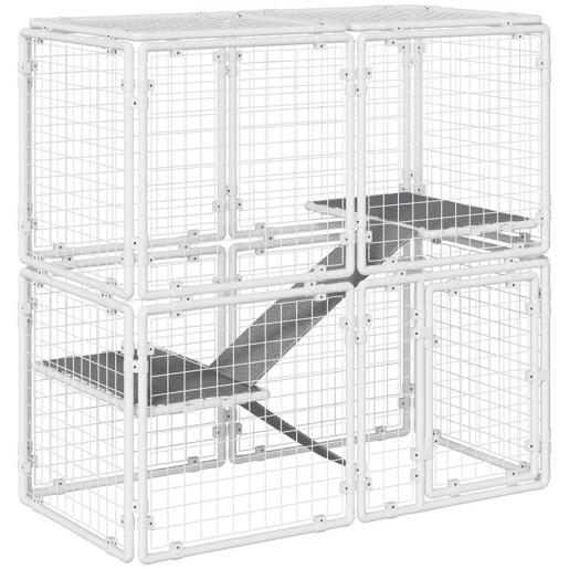 PawHut Recinto Metálico para Animais de Estimação Gaiola para Coelhos com 16 Painéis de 68x68x2,5cm Trava e Escada para Cobaias Desenho DIY Branco
