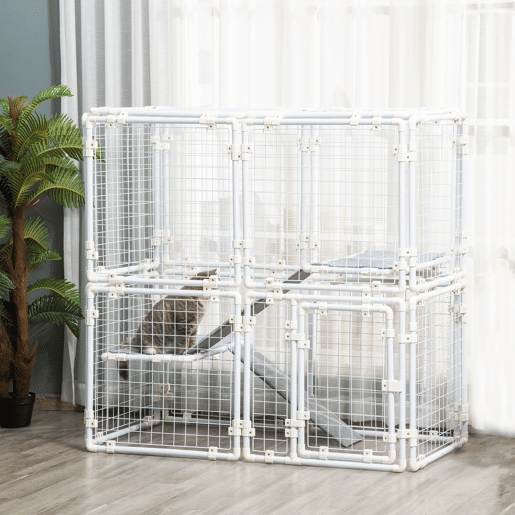 PawHut Recinto Metálico para Animais de Estimação Gaiola para Coelhos com 16 Painéis de 68x68x2,5cm Trava e Escada para Cobaias Desenho DIY Branco