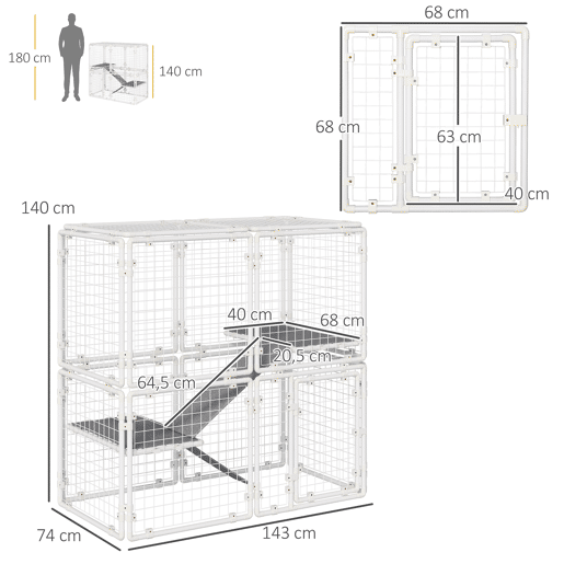 PawHut Recinto Metálico para Animais de Estimação Gaiola para Coelhos com 16 Painéis de 68x68x2,5cm Trava e Escada para Cobaias Desenho DIY Branco