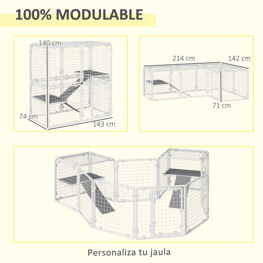 PawHut Recinto Metálico para Animais de Estimação Gaiola para Coelhos com 16 Painéis de 68x68x2,5cm Trava e Escada para Cobaias Desenho DIY Branco