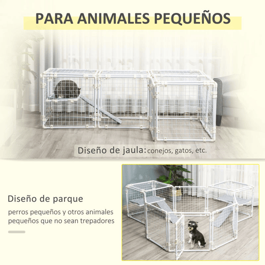 PawHut Recinto Metálico para Animais de Estimação Gaiola para Coelhos com 16 Painéis de 68x68x2,5cm Trava e Escada para Cobaias Desenho DIY Branco