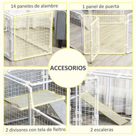 PawHut Recinto Metálico para Animais de Estimação Gaiola para Coelhos com 16 Painéis de 68x68x2,5cm Trava e Escada para Cobaias Desenho DIY Branco