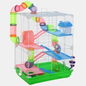 PawHut Jaula para Hamsters de 5 Níveis, Casa para Roedores Pequenos com Túnel, Plataformas, Tigela, Bebedouro, Casinha, Rampas e Roda de Exercício, para Gerbos, 46x30x58 cm, Verde