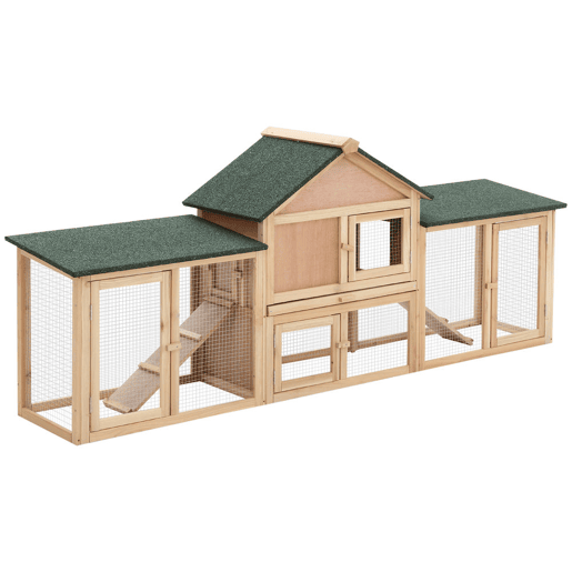 PawHut Coelheira de Exterior Grande Gaiola de Madeira para 2-4 Coelhos com Teto Asfáltico Recinto de Arame Bandeja Removível e Rampas 210x45,5x84,5cm Natural