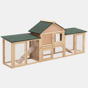 PawHut Coelheira de Exterior Grande Gaiola de Madeira para 2-4 Coelhos com Teto Asfáltico Recinto de Arame Bandeja Removível e Rampas 210x45,5x84,5cm Natural