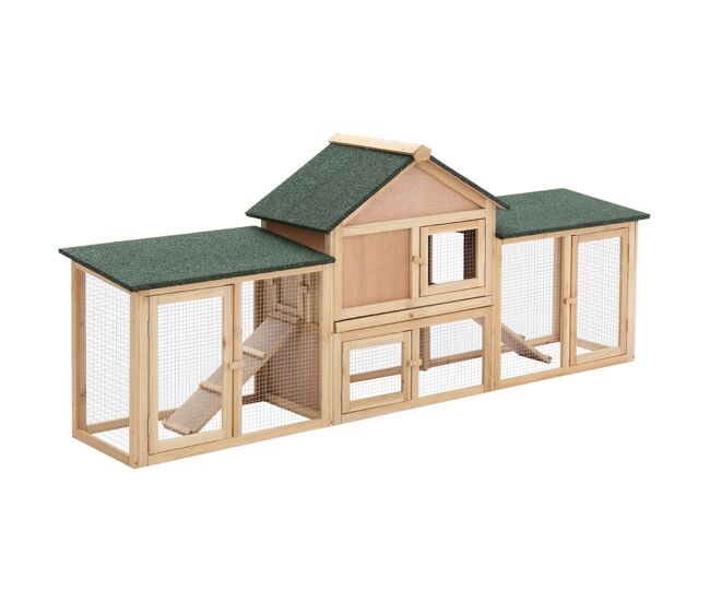 Pawhut conejera de exterior grande jaula de madera para 2-4 conejos con techo asfáltico recinto de alambre bandeja extraíble y rampas 210x45,5x84,5 cm natural y verde