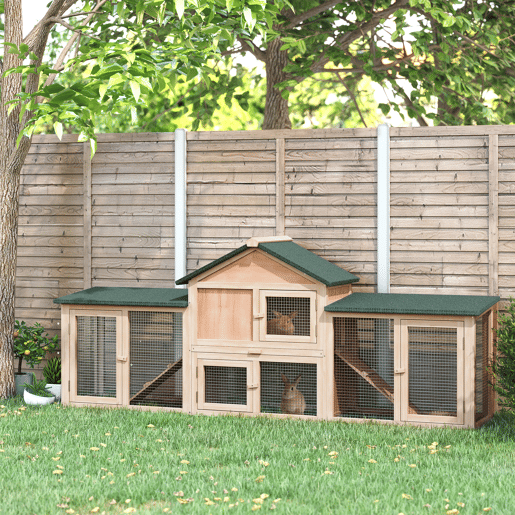 PawHut Coelheira de Exterior Grande Gaiola de Madeira para 2-4 Coelhos com Teto Asfáltico Recinto de Arame Bandeja Removível e Rampas 210x45,5x84,5cm Natural