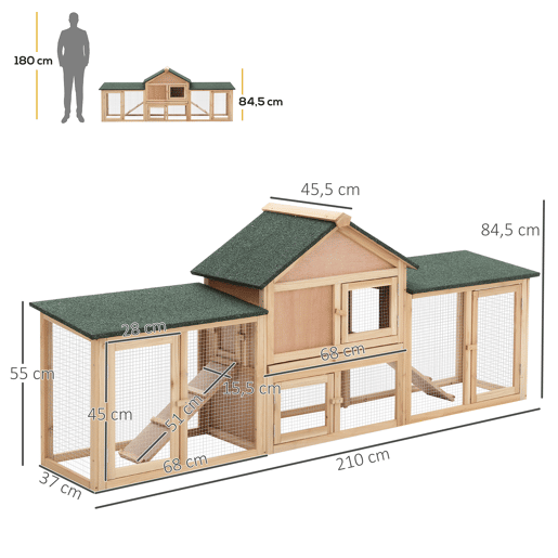 PawHut Coelheira de Exterior Grande Gaiola de Madeira para 2-4 Coelhos com Teto Asfáltico Recinto de Arame Bandeja Removível e Rampas 210x45,5x84,5cm Natural