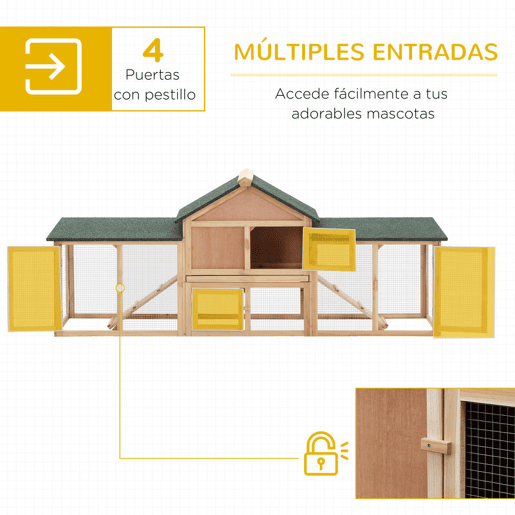 PawHut Coelheira de Exterior Grande Gaiola de Madeira para 2-4 Coelhos com Teto Asfáltico Recinto de Arame Bandeja Removível e Rampas 210x45,5x84,5cm Natural