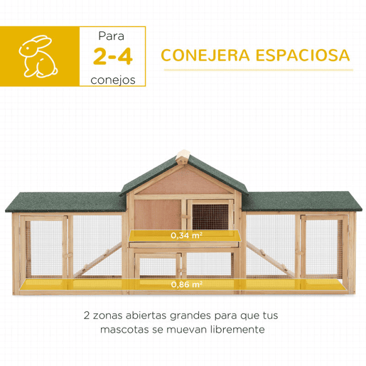 PawHut Coelheira de Exterior Grande Gaiola de Madeira para 2-4 Coelhos com Teto Asfáltico Recinto de Arame Bandeja Removível e Rampas 210x45,5x84,5cm Natural