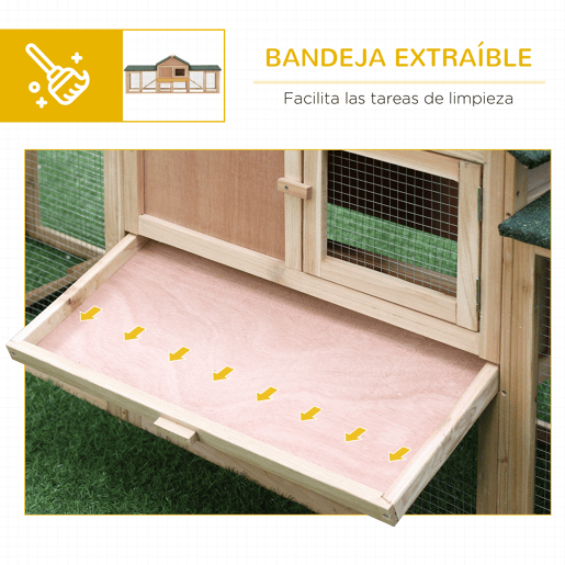 PawHut Coelheira de Exterior Grande Gaiola de Madeira para 2-4 Coelhos com Teto Asfáltico Recinto de Arame Bandeja Removível e Rampas 210x45,5x84,5cm Natural