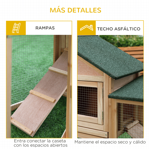 PawHut Coelheira de Exterior Grande Gaiola de Madeira para 2-4 Coelhos com Teto Asfáltico Recinto de Arame Bandeja Removível e Rampas 210x45,5x84,5cm Natural