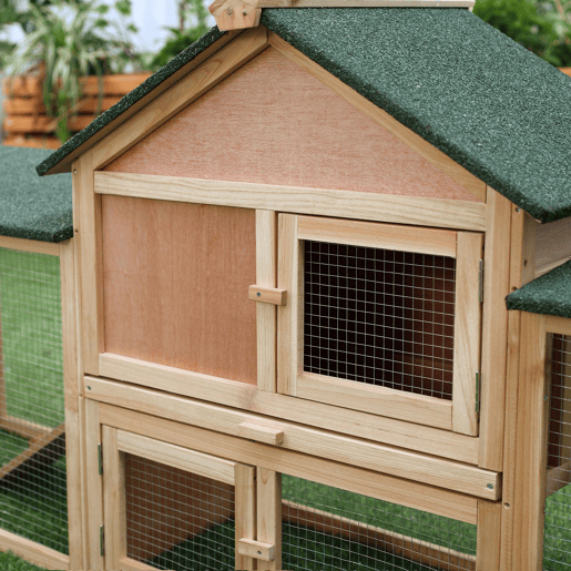 PawHut Coelheira de Exterior Grande Gaiola de Madeira para 2-4 Coelhos com Teto Asfáltico Recinto de Arame Bandeja Removível e Rampas 210x45,5x84,5cm Natural