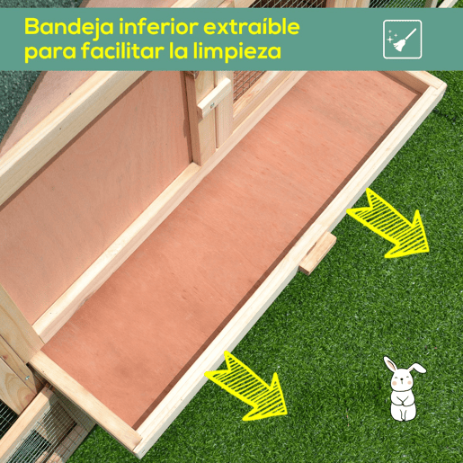PawHut Coelheira de Exterior Grande Gaiola de Madeira para 2-4 Coelhos com Teto Asfáltico Recinto de Arame Bandeja Removível e Rampas 210x45,5x84,5cm Natural