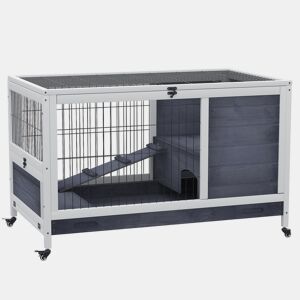 PawHut Coelheira de madeira gaiola para pequenos animais de estimação portátil com telhado de abertura rampa de bandeja removível para cobaias 90x53x59 cm cinza e branco