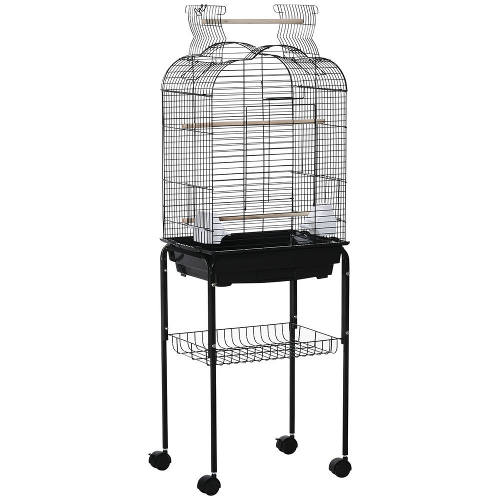 Pawhut jaula para pájaros con soporte jaula de aves canarios con 4 ruedas techo abrible 2 comederos 3 perchas bandeja extraíble y estante inferior